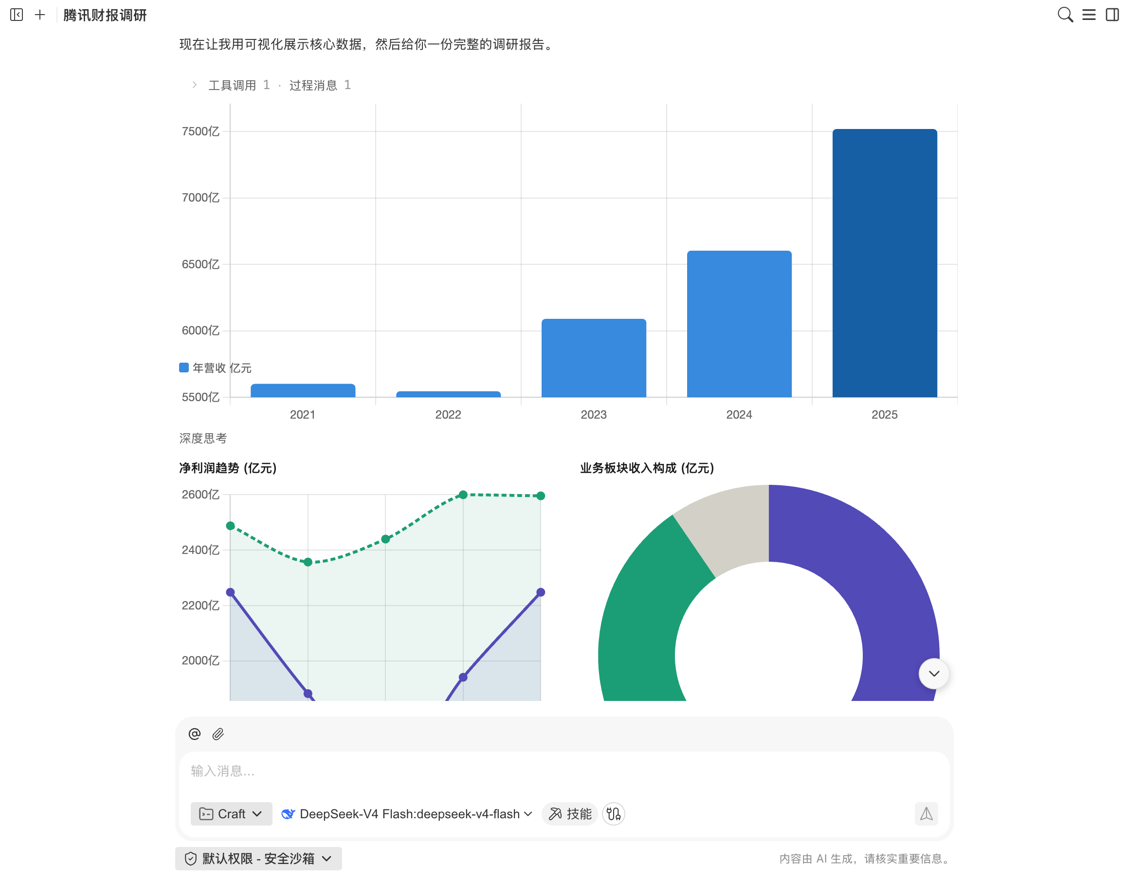 图片展示的是腾讯财报调研数据可视化界面。上方图表显示了2021 - 2025年营业收入（亿元）的变化情况，其中2025年…
