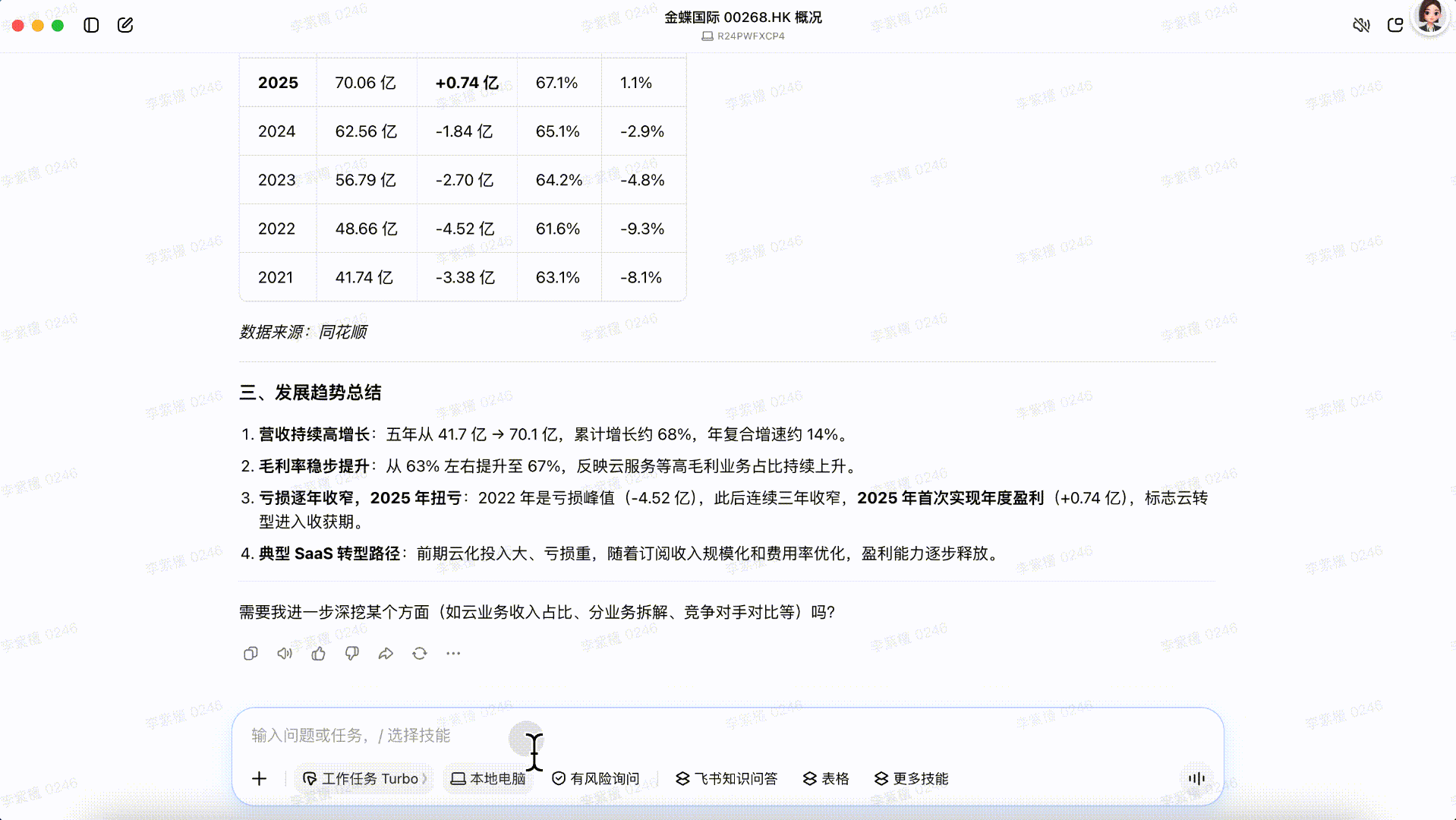 图片展示的是金蝶国际00268.HK的相关数据信息。表格中列出了2021 - 2025年各年度的收入、收入增长、毛利率、…
