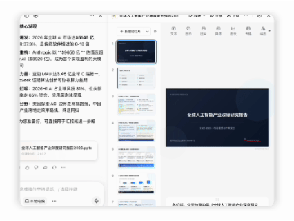 这张界面左侧是相关资讯内容，提及2025年全球AI市场规模预测等行业相关信息，还显示有“全球人工智能产业深度研究报告20…